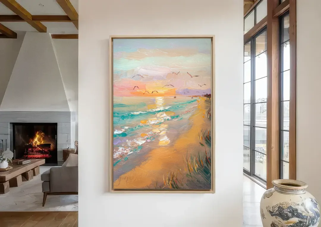 Galveston Beach Sunrise canvas wall art in a living room with a fireplace