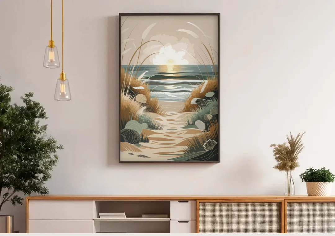 Galveston Coastal Vibes canvas wall art above a wooden sideboard under pendant lights