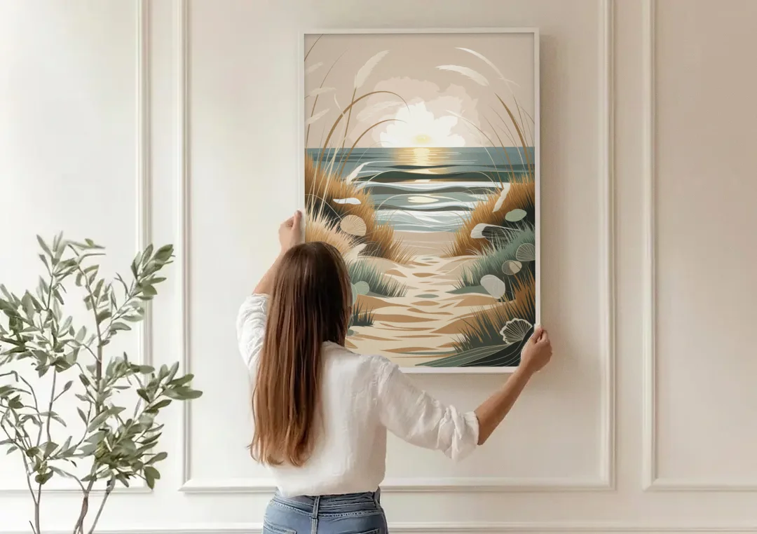 Galveston Coastal Vibes canvas wall art being hung on a paneled wall