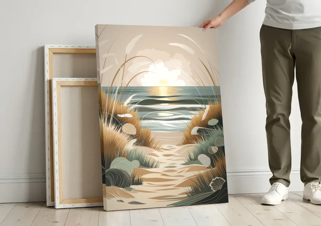 Galveston Coastal Vibes canvas wall art leaning against a wall next to blank canvases
