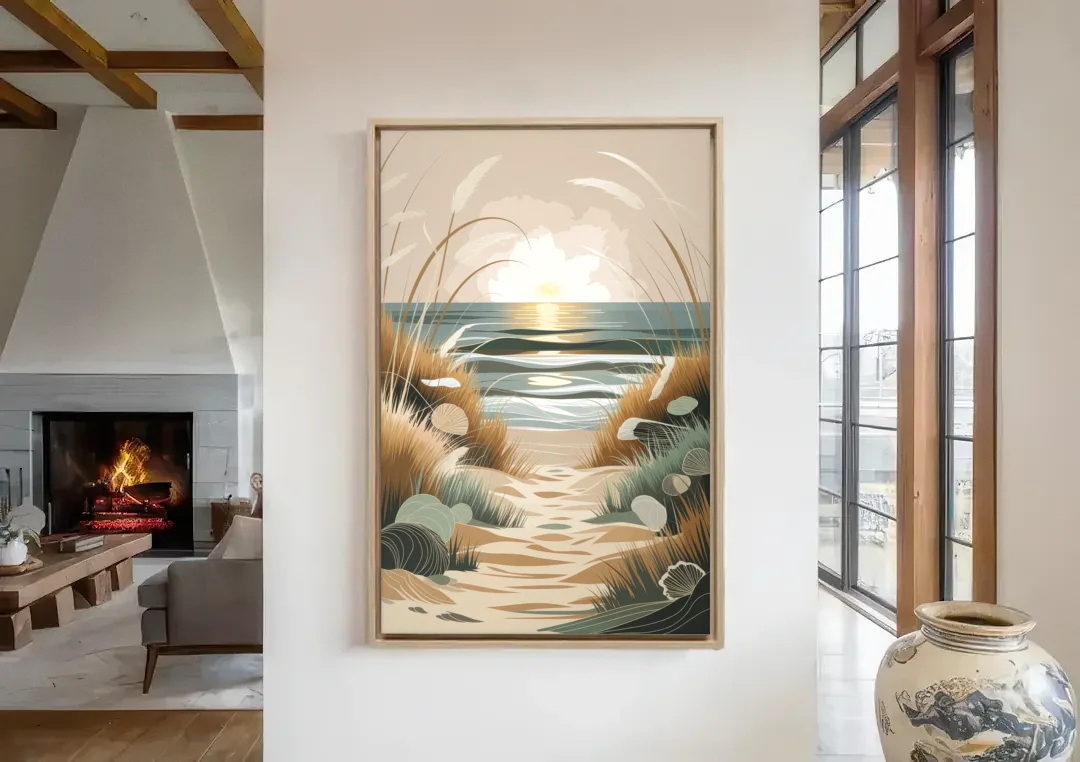 Galveston Coastal Vibes canvas wall art in a living room with a fireplace