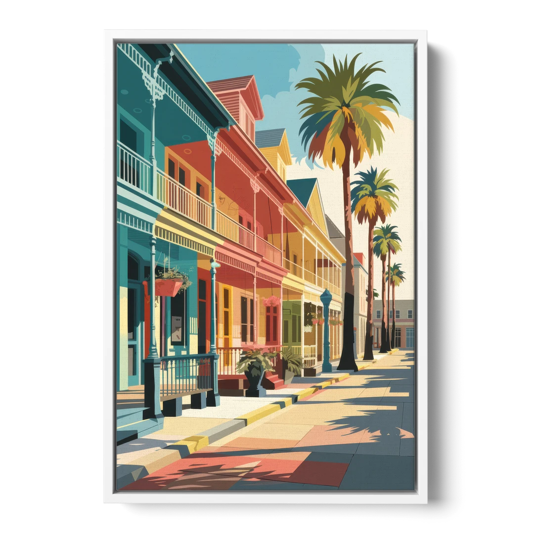 Galveston Downtown Charm - White Framed Canvas Wall Art - Front