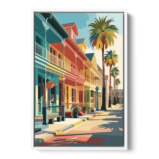 Galveston Downtown Charm - White Framed Canvas Wall Art - Front