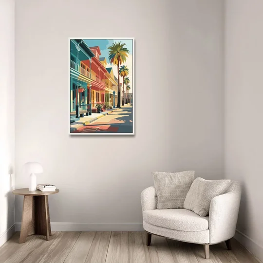 Galveston Downtown Charm - White Framed Canvas Wall Art - Sofa - 24x36