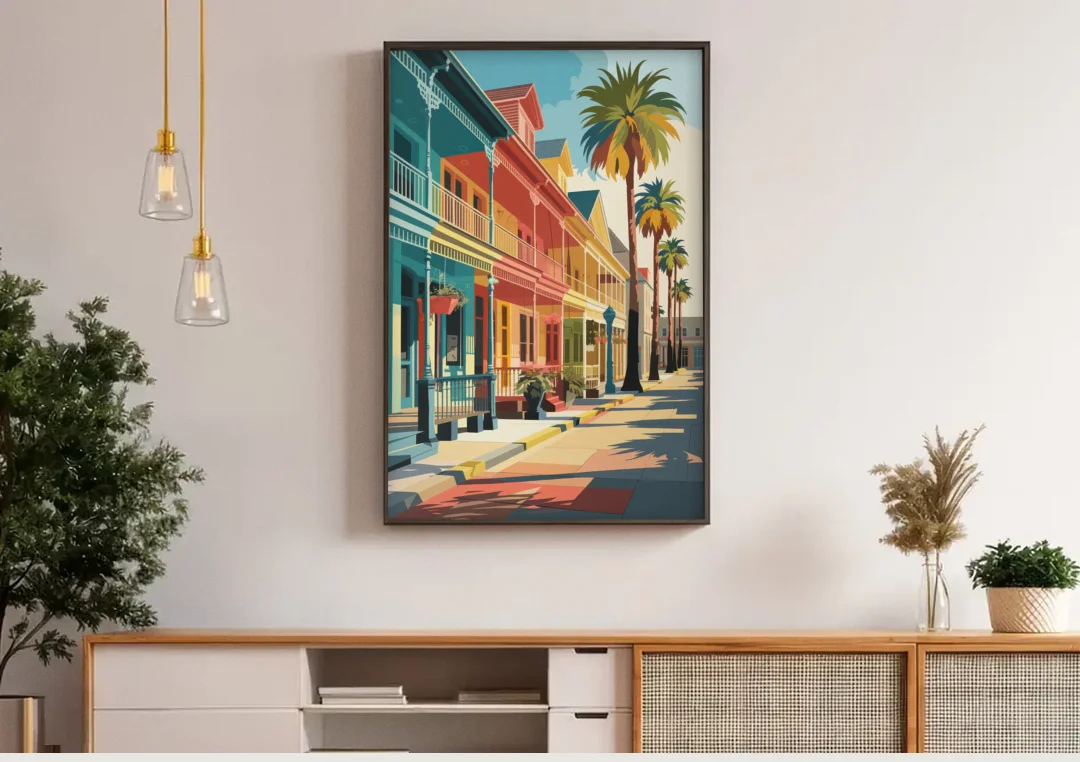Galveston Downtown Charm canvas wall art above a wooden sideboard under pendant lights