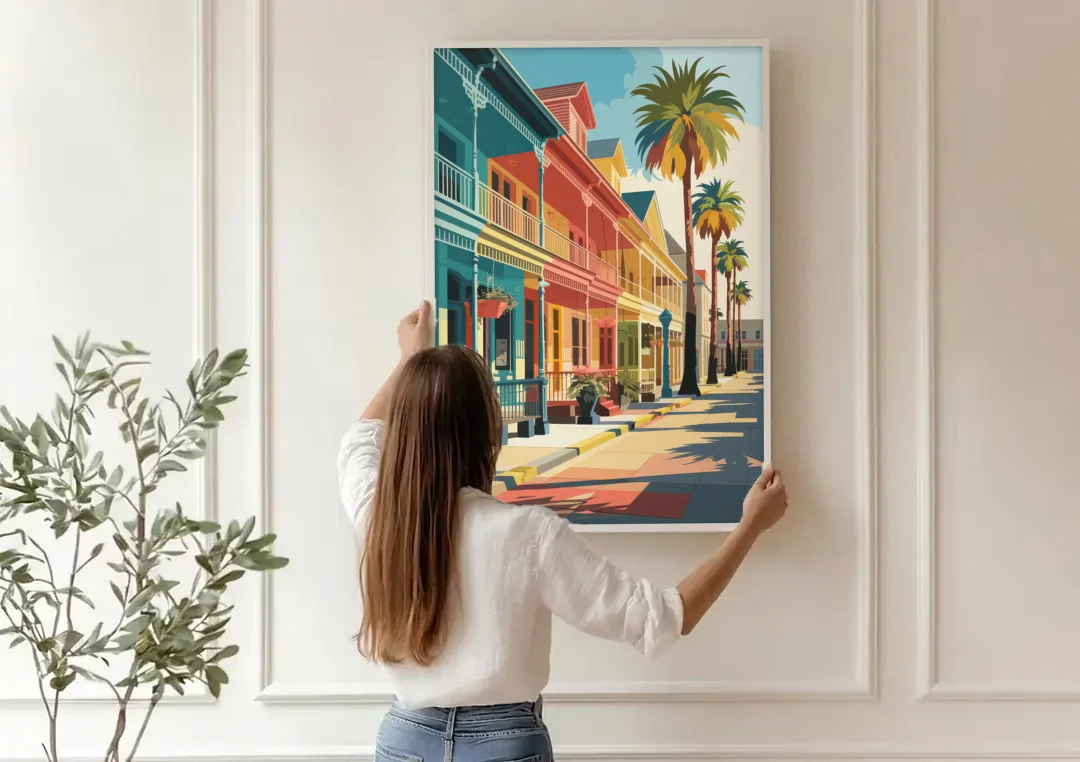 Galveston Downtown Charm canvas wall art being hung on a paneled wall
