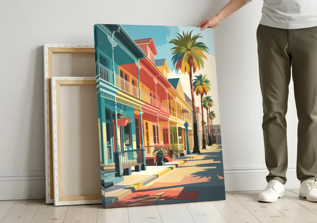 Galveston Downtown Charm canvas wall art leaning against a wall next to blank canvases