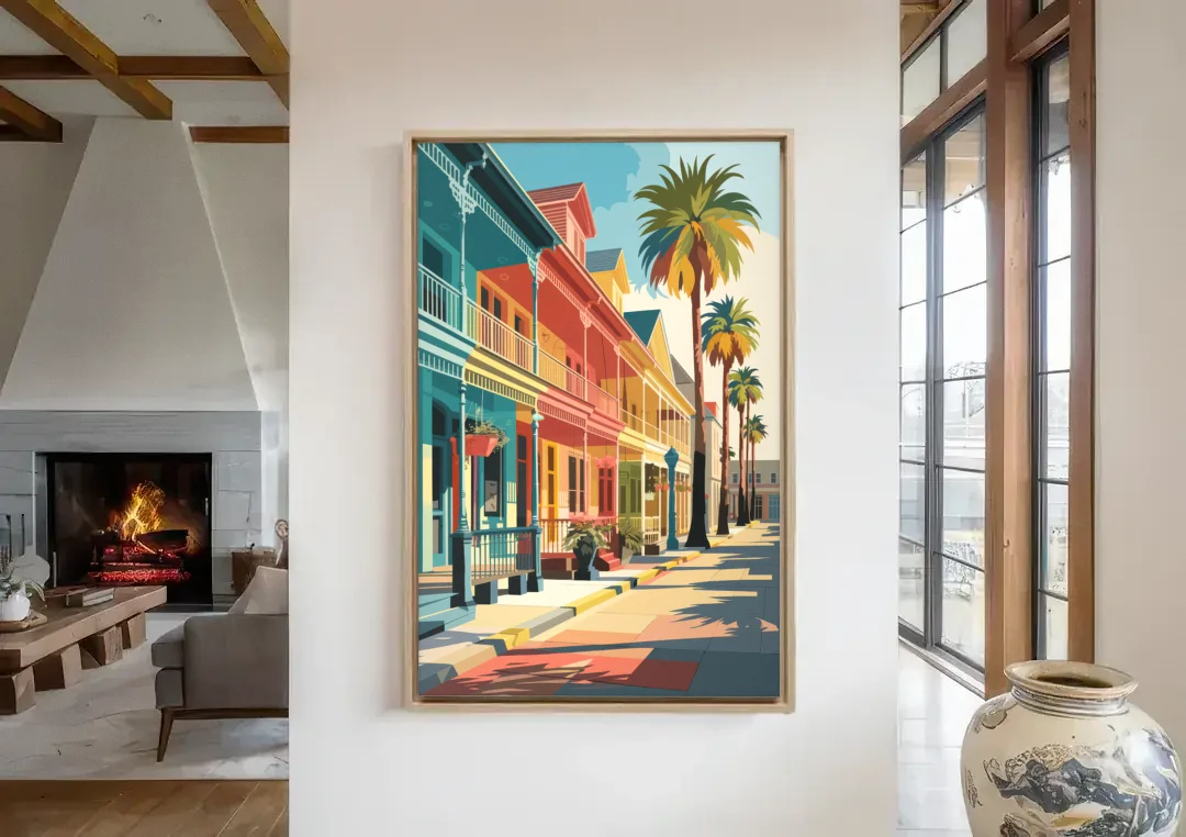 Galveston Downtown Charm canvas wall art in a living room with a fireplace