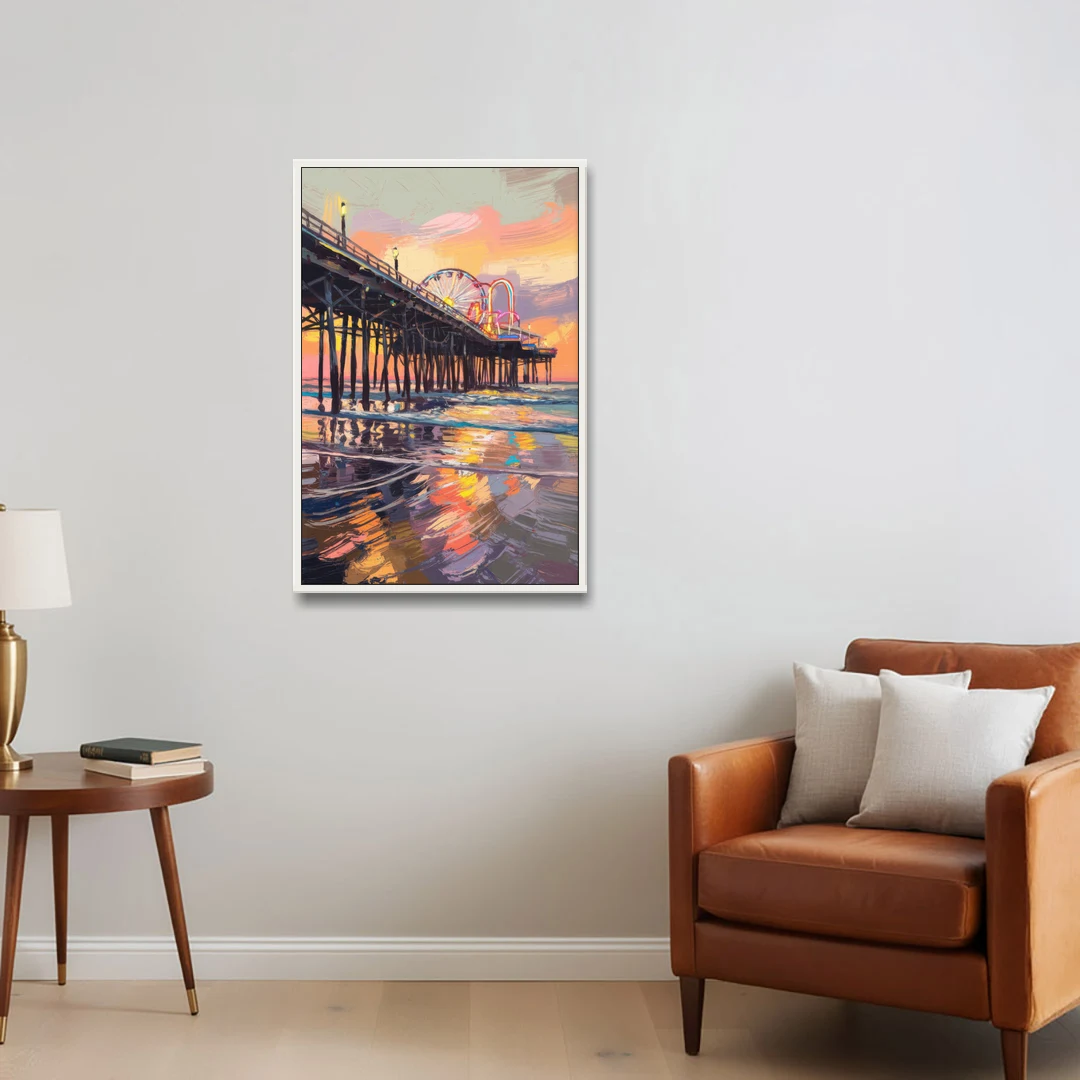 Galveston Historic Pier - White Framed Canvas Wall Art - Sofa - 24x36
