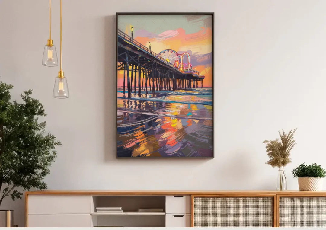 Galveston Historic Pier canvas wall art above a wooden sideboard under pendant lights
