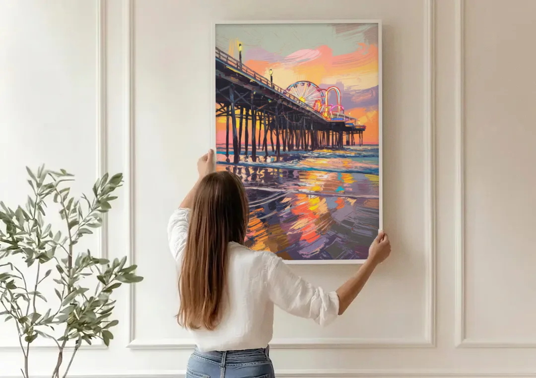 Galveston Historic Pier canvas wall art being hung on a paneled wall