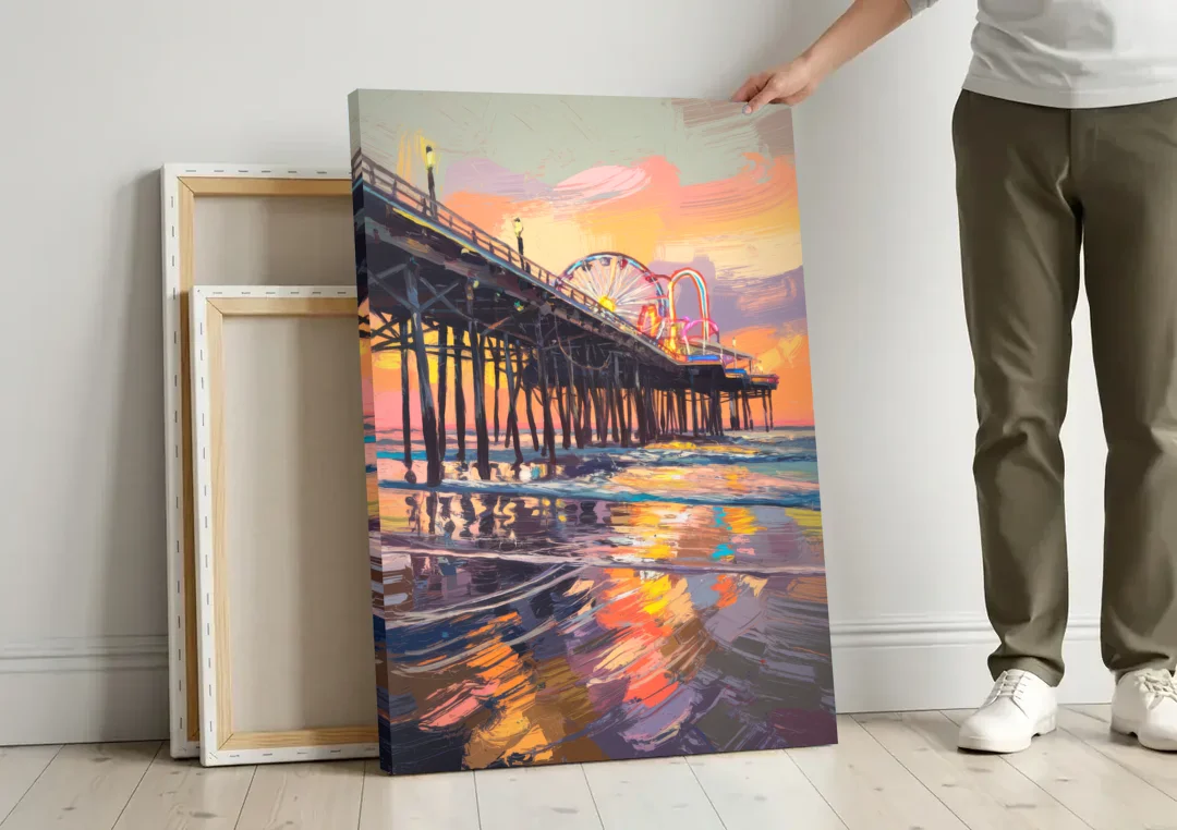 Galveston Historic Pier canvas wall art leaning against a wall next to blank canvases