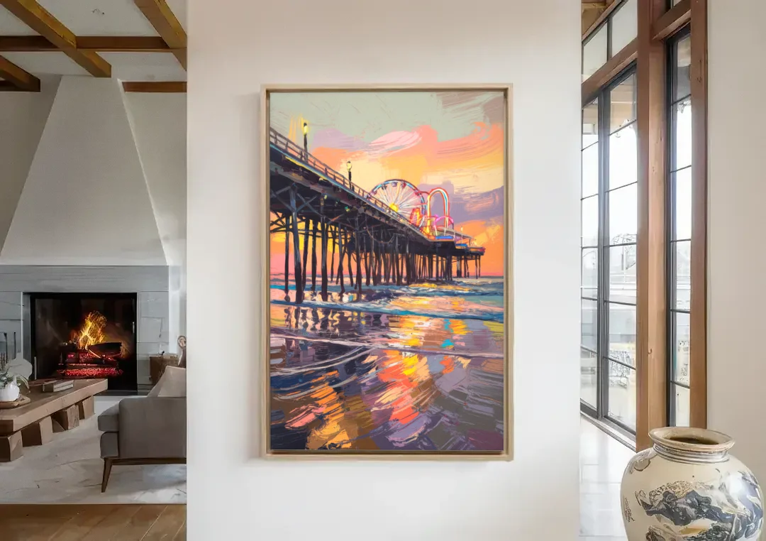 Galveston Historic Pier canvas wall art in a living room with a fireplace