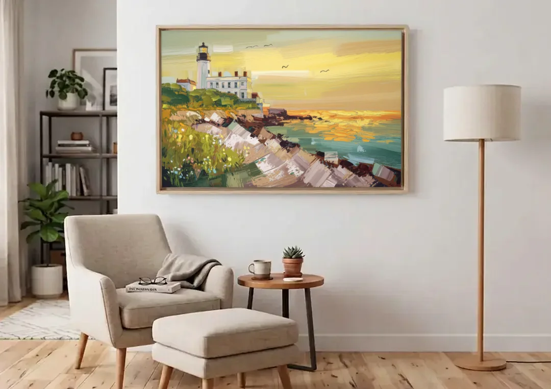 Galveston Lighthouse View canvas wall art above an armchair in a bright living room