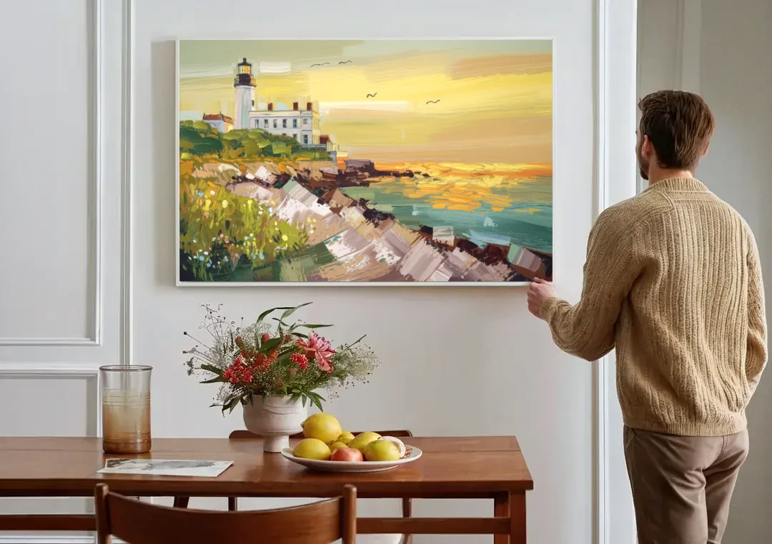 Galveston Lighthouse View canvas wall art above a dining table