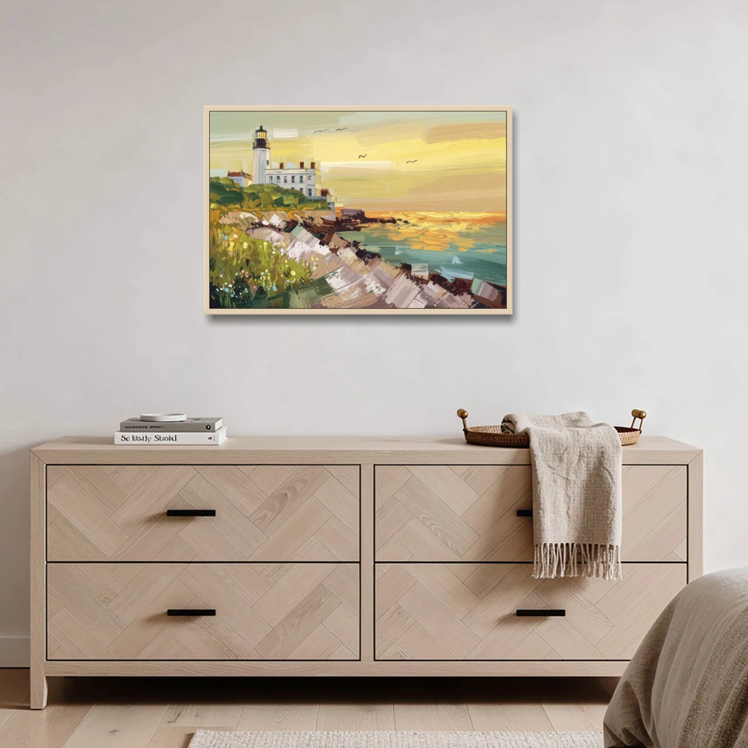 Galveston Lighthouse View - Oak Framed Canvas Wall Art - Coffee Table - 36x24