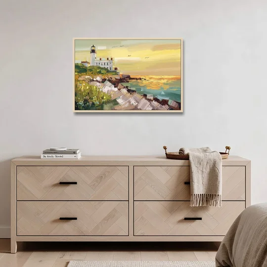 Galveston Lighthouse View - Oak Framed Canvas Wall Art - Coffee Table - 36x24