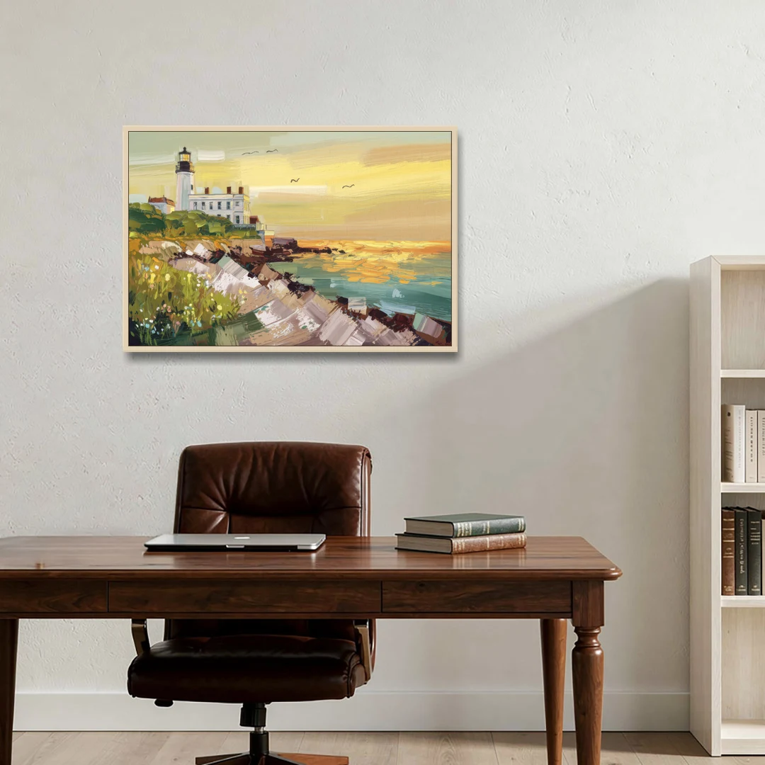 Galveston Lighthouse View - Oak Framed Canvas Wall Art - Office - 36x24