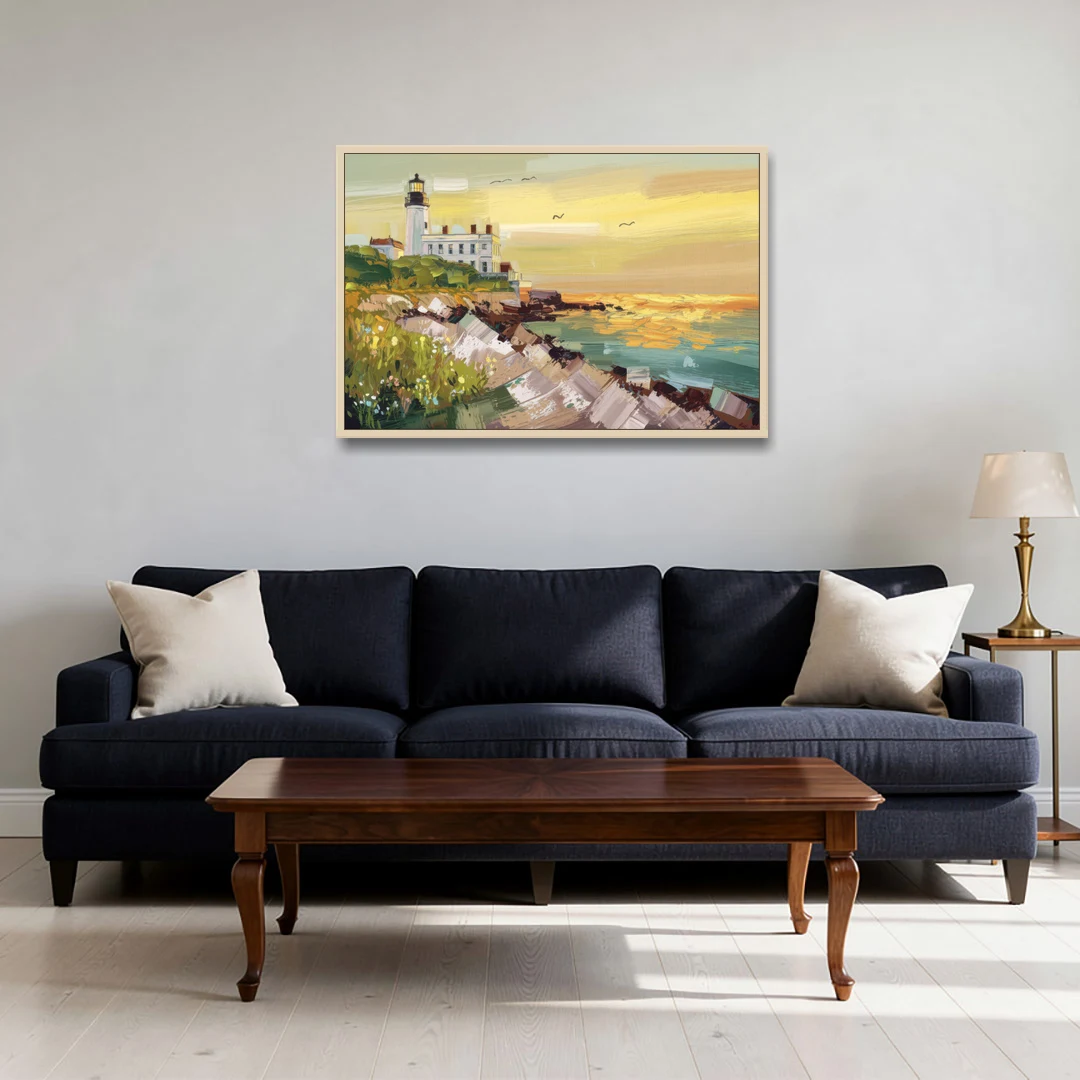 Galveston Lighthouse View - Oak Framed Canvas Wall Art - Sofa - 36x24