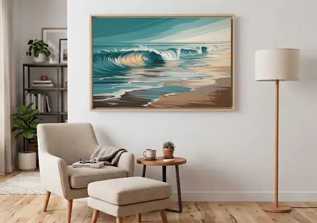 Galveston Ocean Waves canvas wall art above an armchair in a bright living room