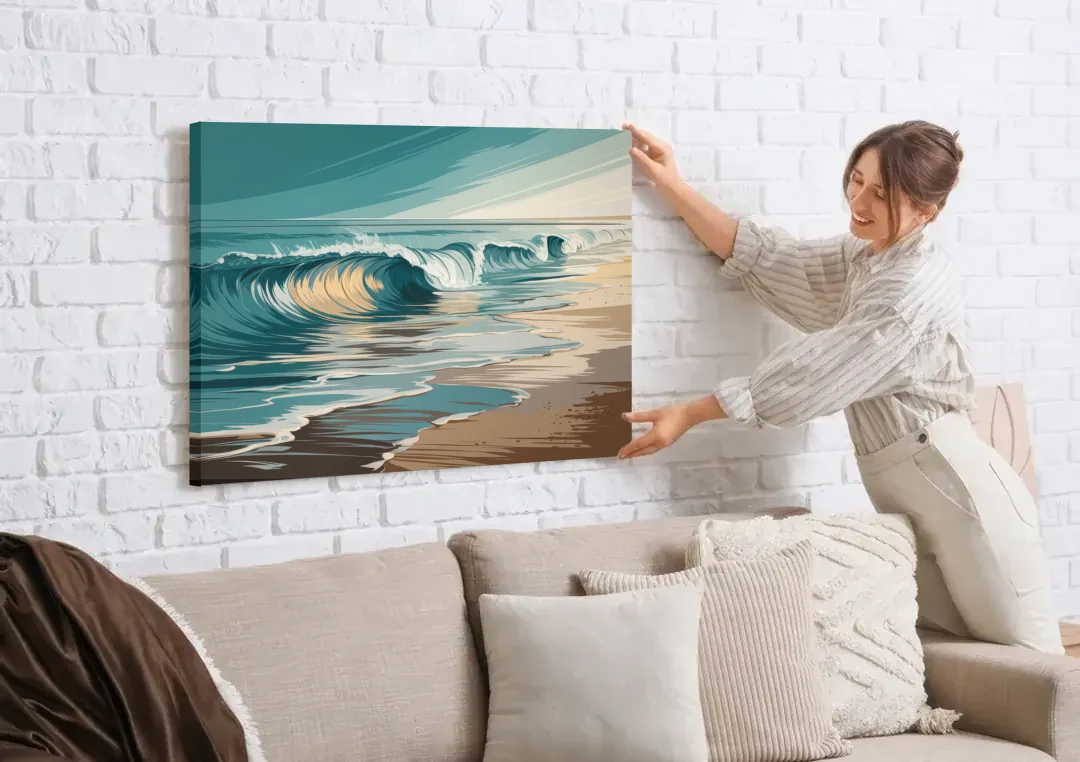 Galveston Ocean Waves canvas wall art being hung on a white brick wall above a sofa