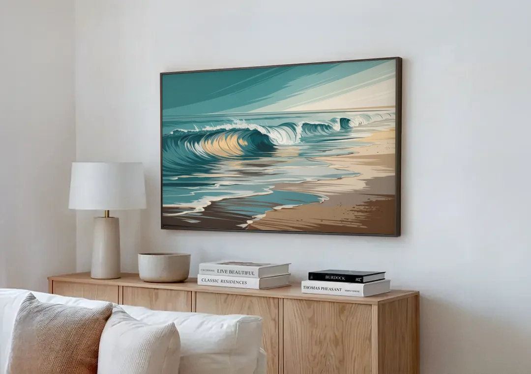 Galveston Ocean Waves canvas wall art above a wooden sideboard next to a sofa