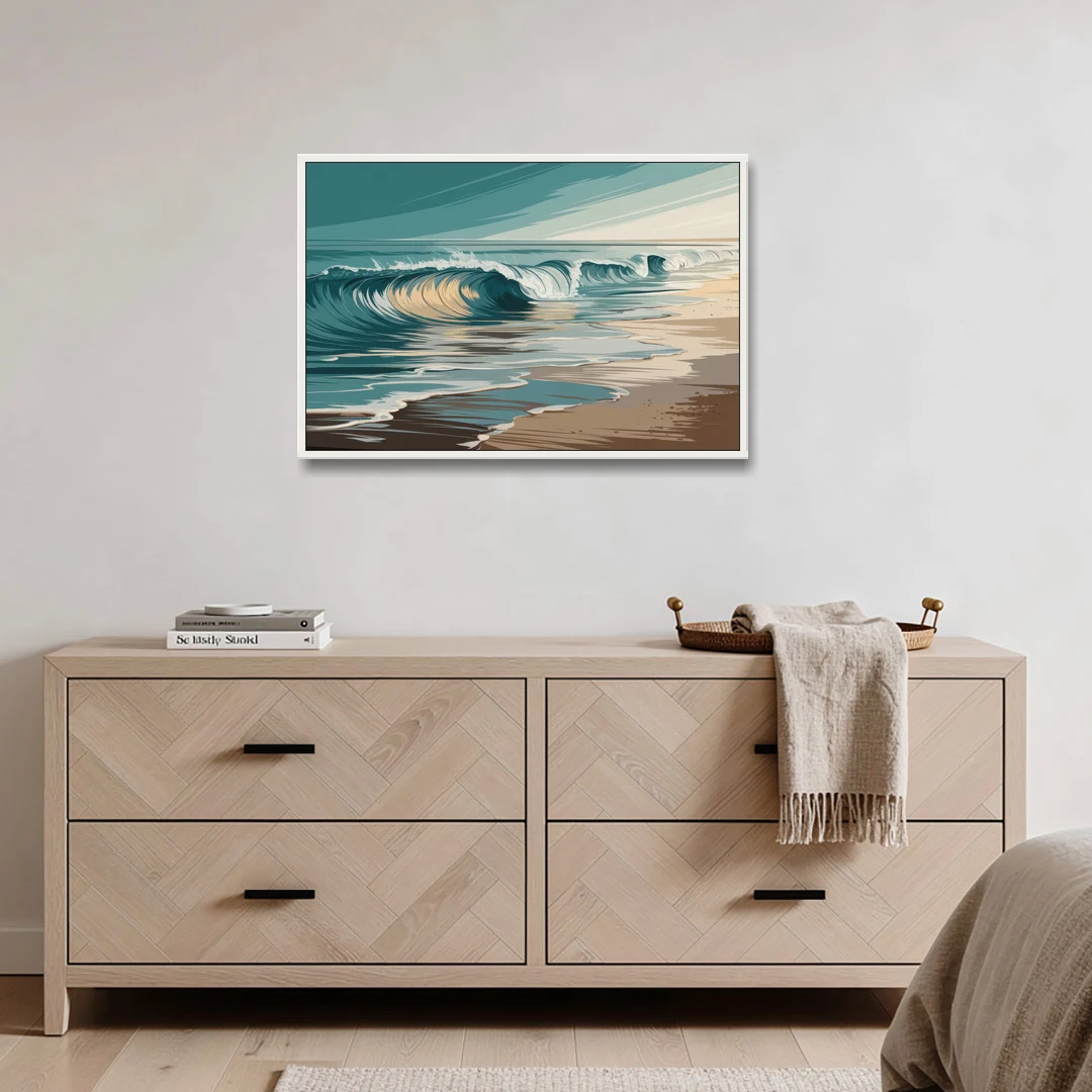 Galveston Ocean Waves - White Framed Canvas Wall Art - Coffee Table - 36x24