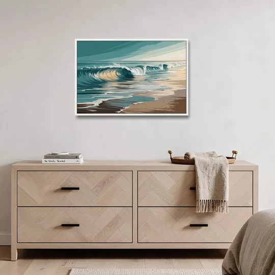 Galveston Ocean Waves - White Framed Canvas Wall Art - Coffee Table - 36x24