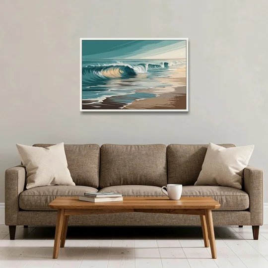 Galveston Ocean Waves - White Framed Canvas Wall Art - Sofa - 36x24