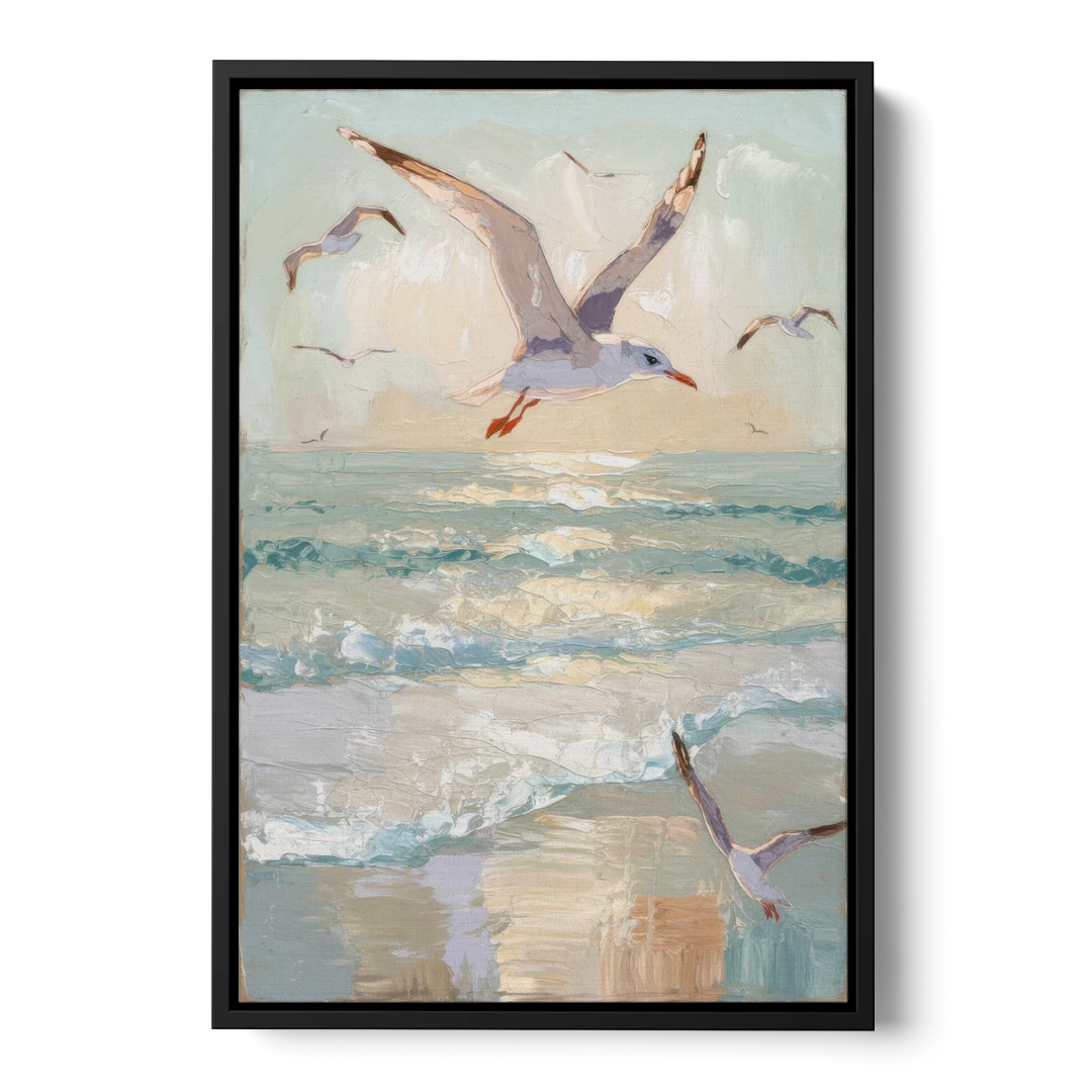 Galveston Seagulls in Flight - Black Framed Canvas Wall Art - Front