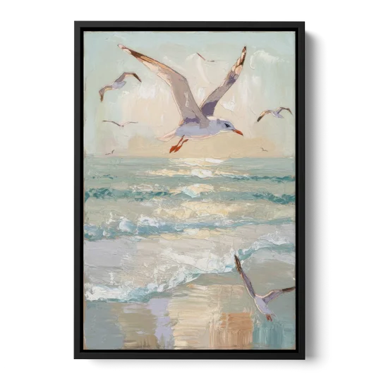 Galveston Seagulls in Flight - Black Framed Canvas Wall Art - Front