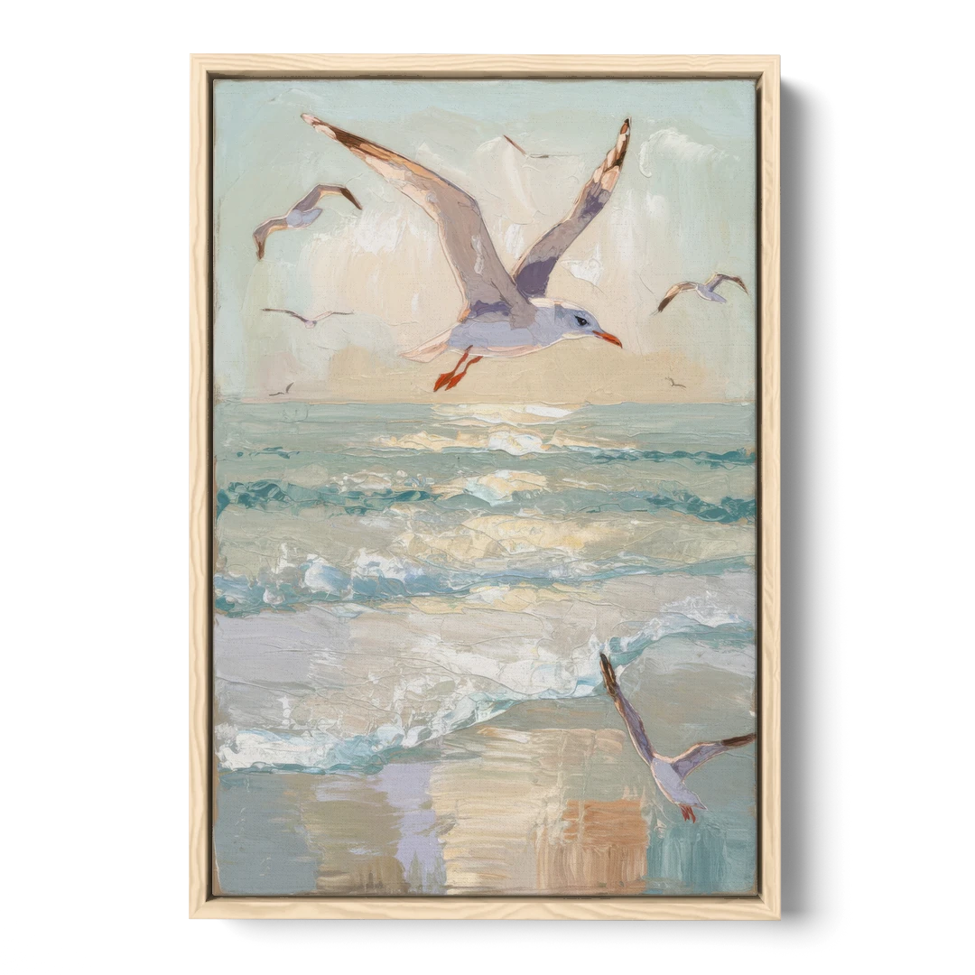 Galveston Seagulls in Flight - Oak Framed Canvas Wall Art - Front