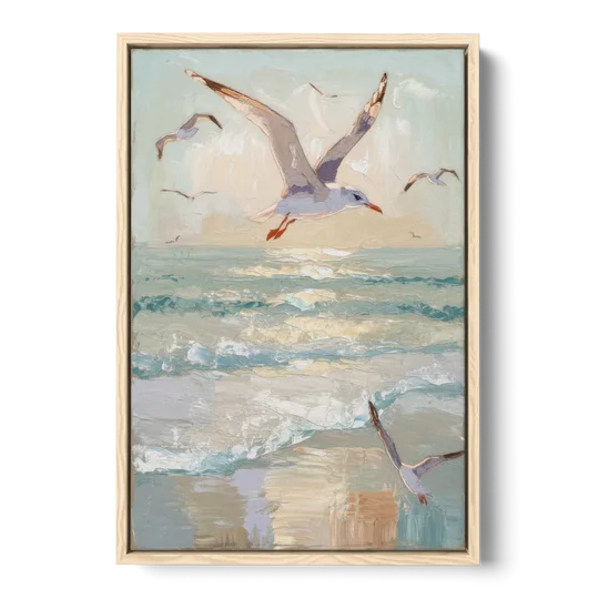Galveston Seagulls in Flight - Oak Framed Canvas Wall Art - Front