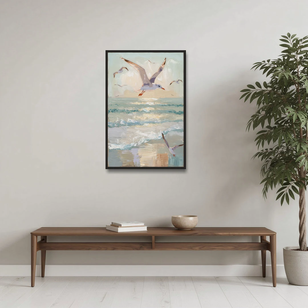 Galveston Seagulls in Flight - Black Framed Canvas Wall Art - Coffee Table - 24x36