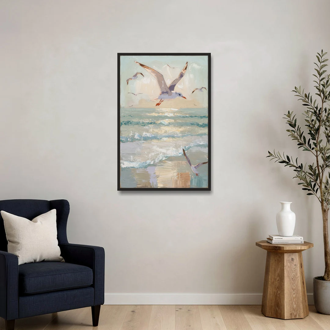 Galveston Seagulls in Flight - Black Framed Canvas Wall Art - Sofa - 24x36