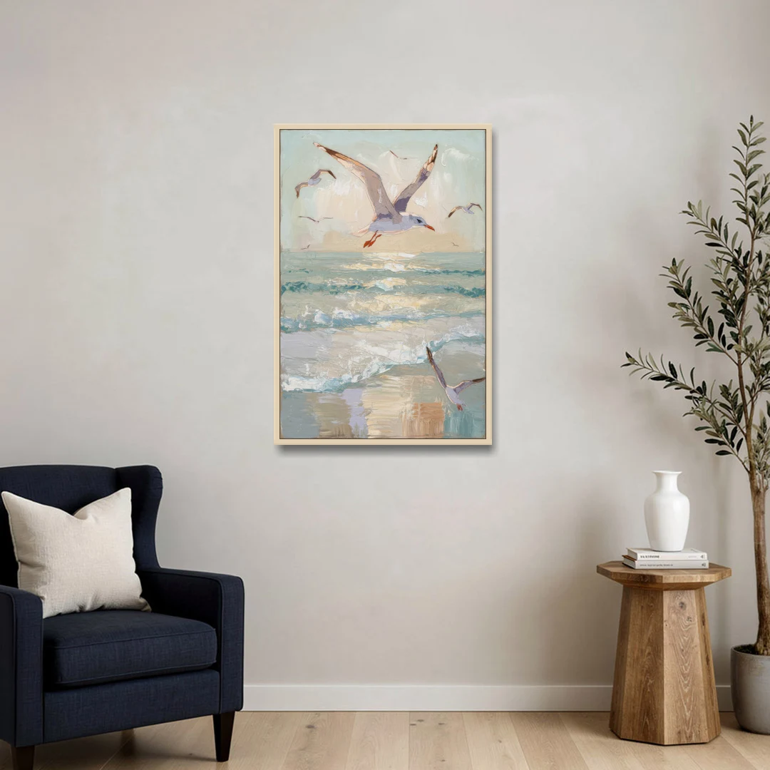 Galveston Seagulls in Flight - Oak Framed Canvas Wall Art - Sofa - 24x36