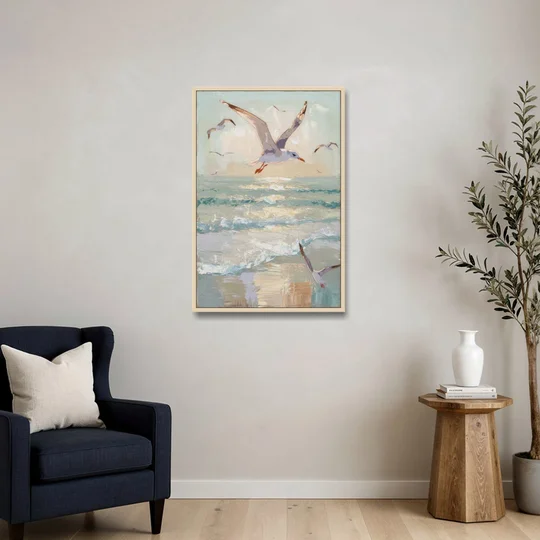Galveston Seagulls in Flight - Oak Framed Canvas Wall Art - Sofa - 24x36