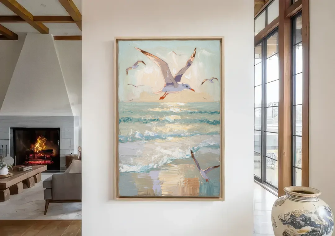 Galveston Seagulls in Flight canvas wall art in a living room with a fireplace
