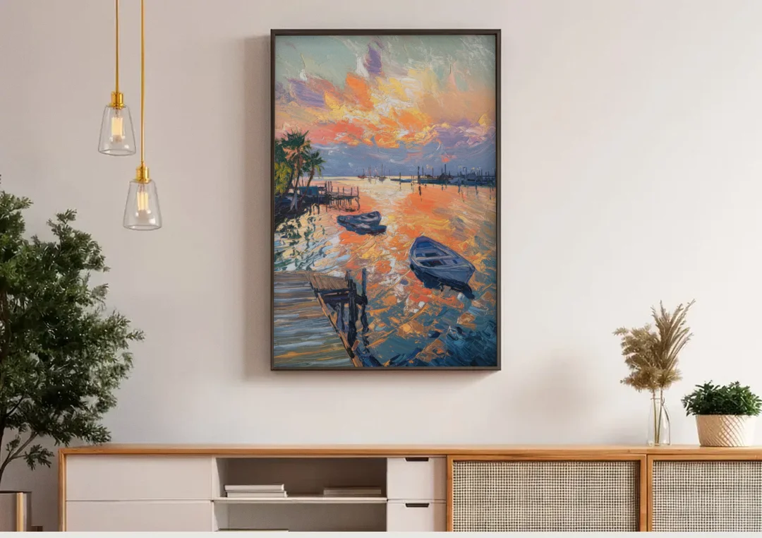 Galveston Sunset Harbor canvas wall art above a wooden sideboard under pendant lights