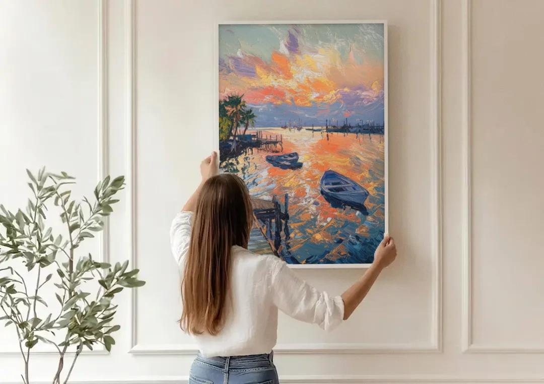 Galveston Sunset Harbor canvas wall art being hung on a paneled wall