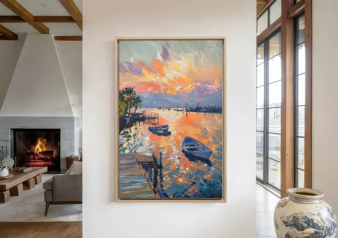 Galveston Sunset Harbor canvas wall art in a living room with a fireplace