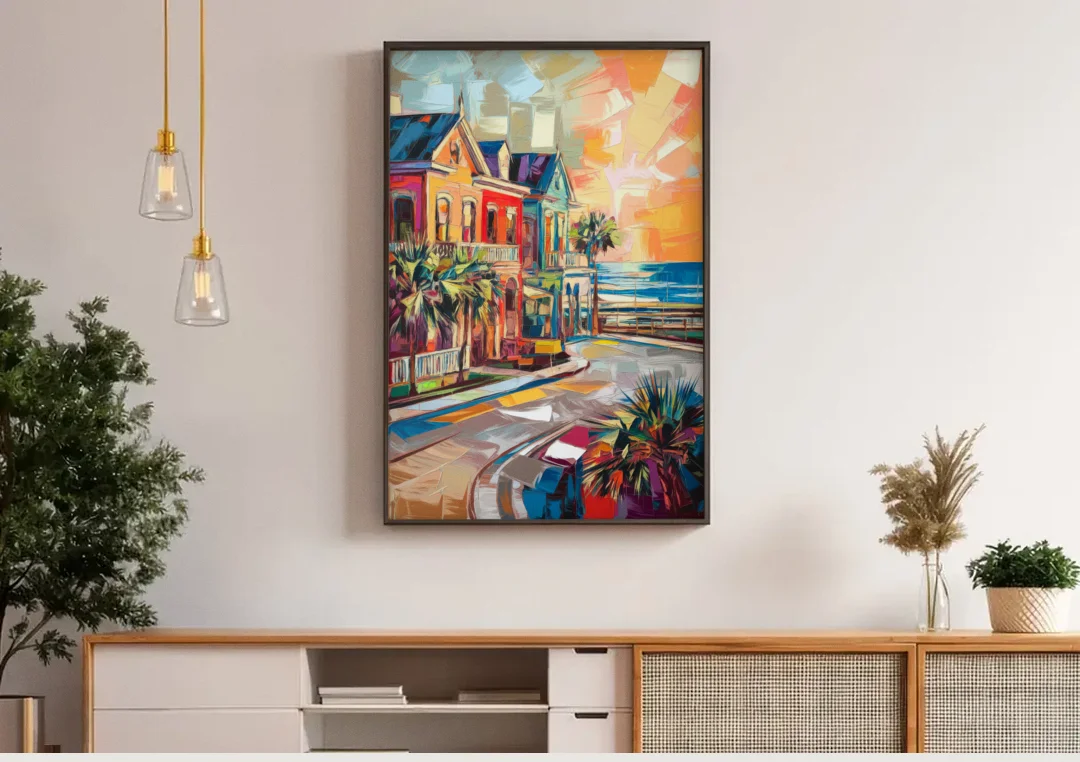 Galveston Texas Pride canvas wall art above a wooden sideboard under pendant lights