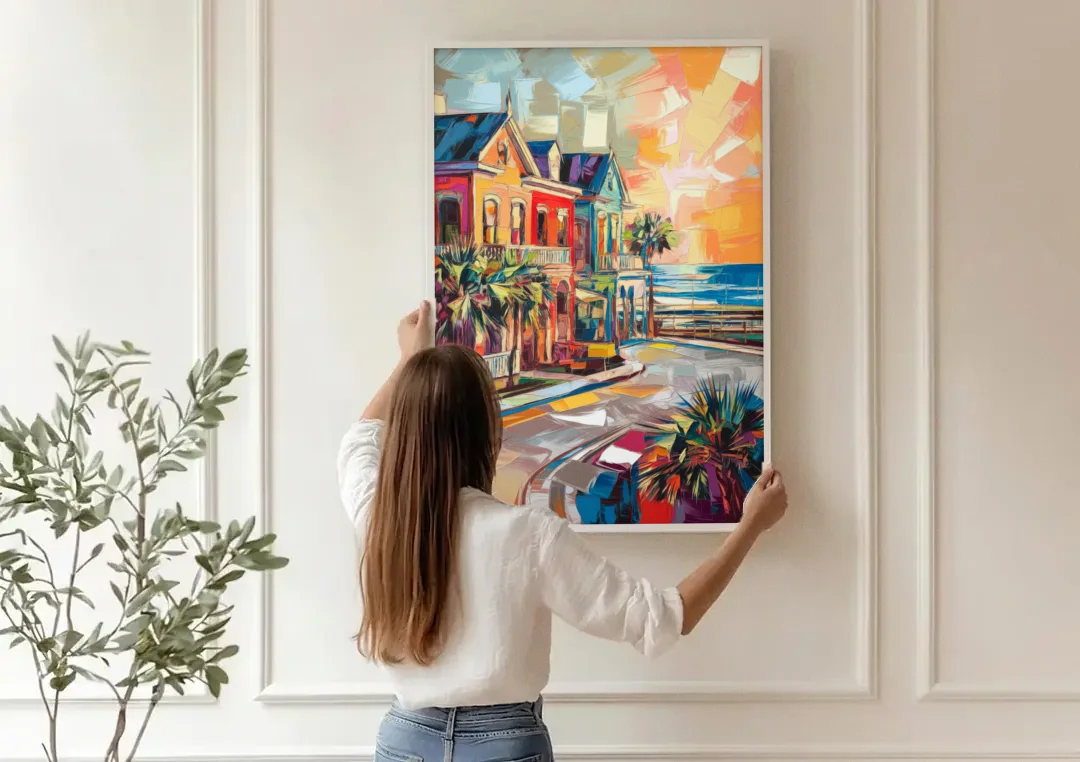 Galveston Texas Pride canvas wall art being hung on a paneled wall