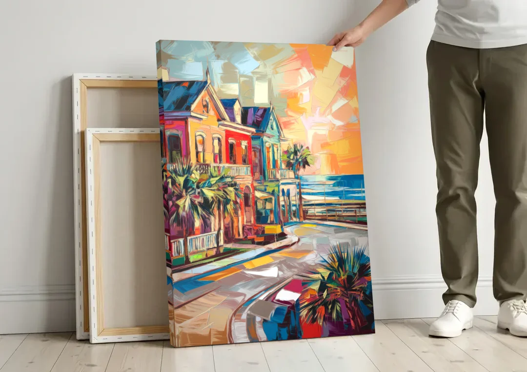 Galveston Texas Pride canvas wall art leaning against a wall next to blank canvases