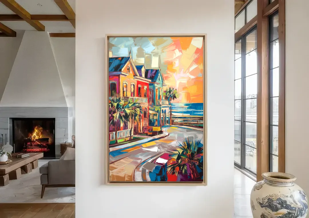 Galveston Texas Pride canvas wall art in a living room with a fireplace