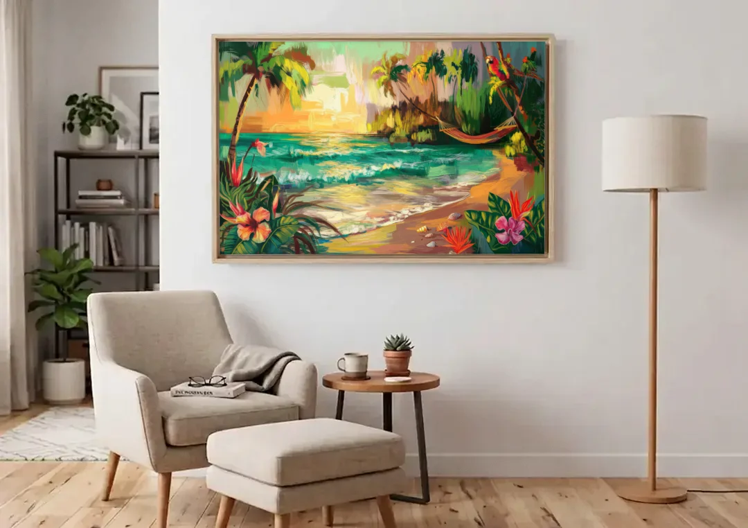 Galveston Tropical Paradise canvas wall art above an armchair in a bright living room