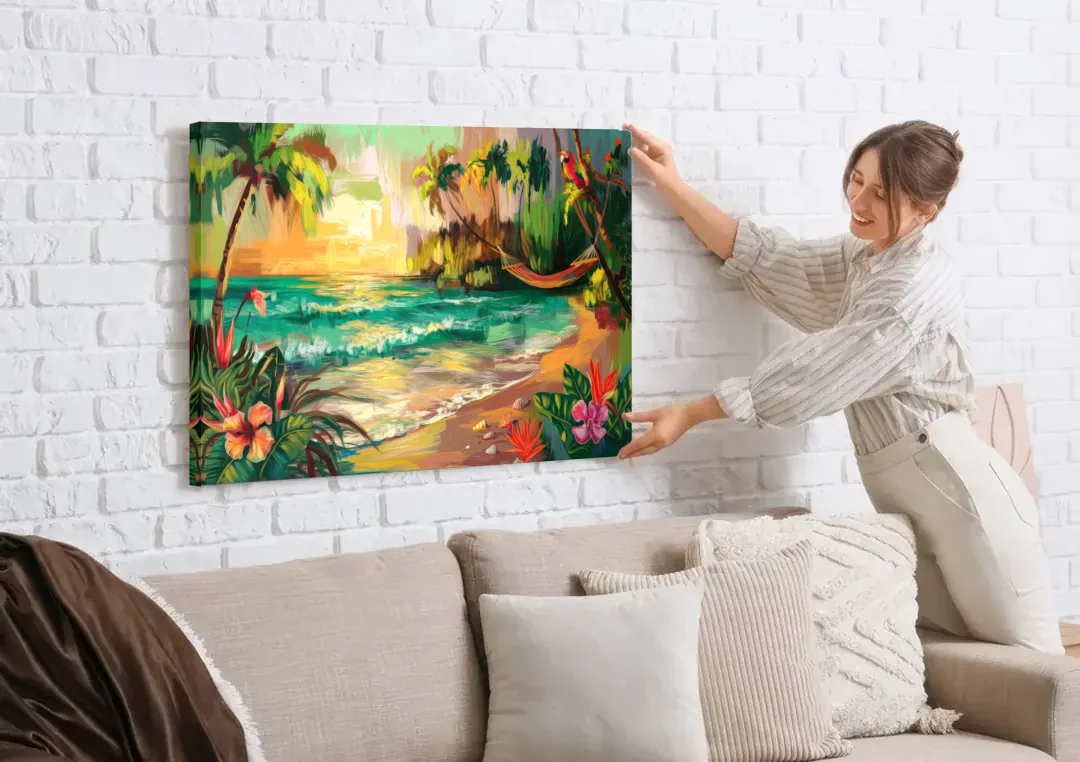 Galveston Tropical Paradise canvas wall art being hung on a white brick wall above a sofa