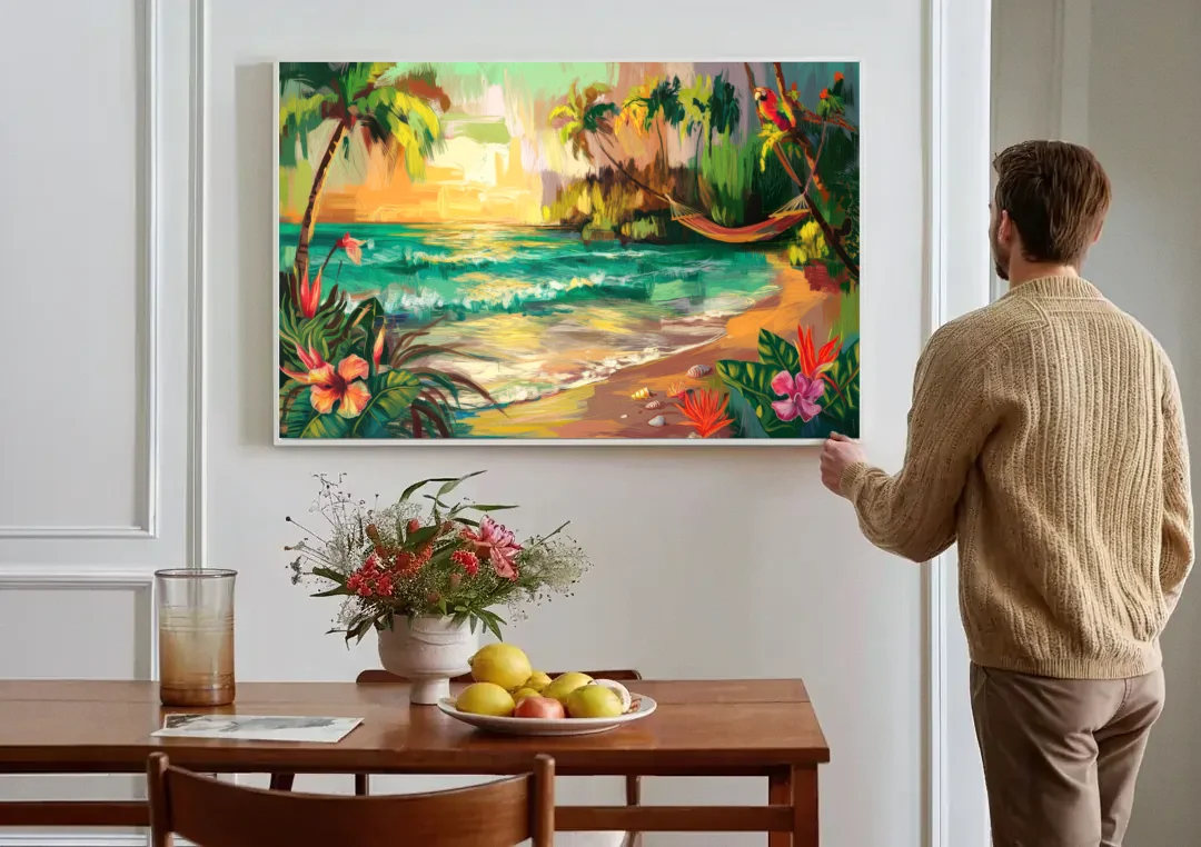 Galveston Tropical Paradise canvas wall art above a dining table