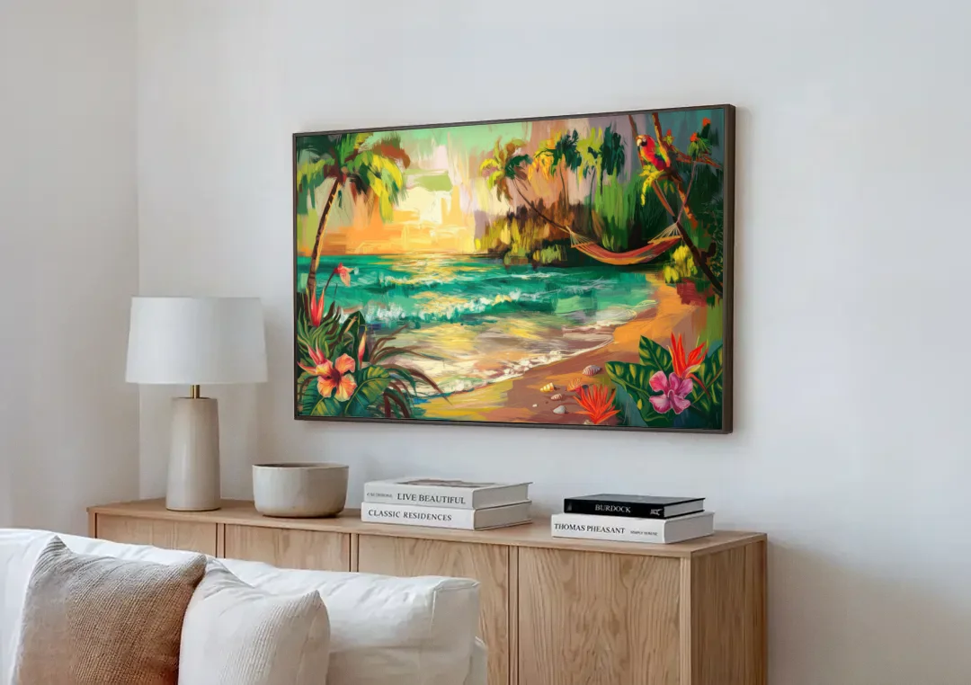Galveston Tropical Paradise canvas wall art above a wooden sideboard next to a sofa