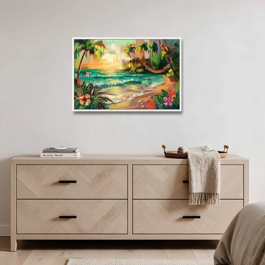 Galveston Tropical Paradise - White Framed Canvas Wall Art - Coffee Table - 36x24